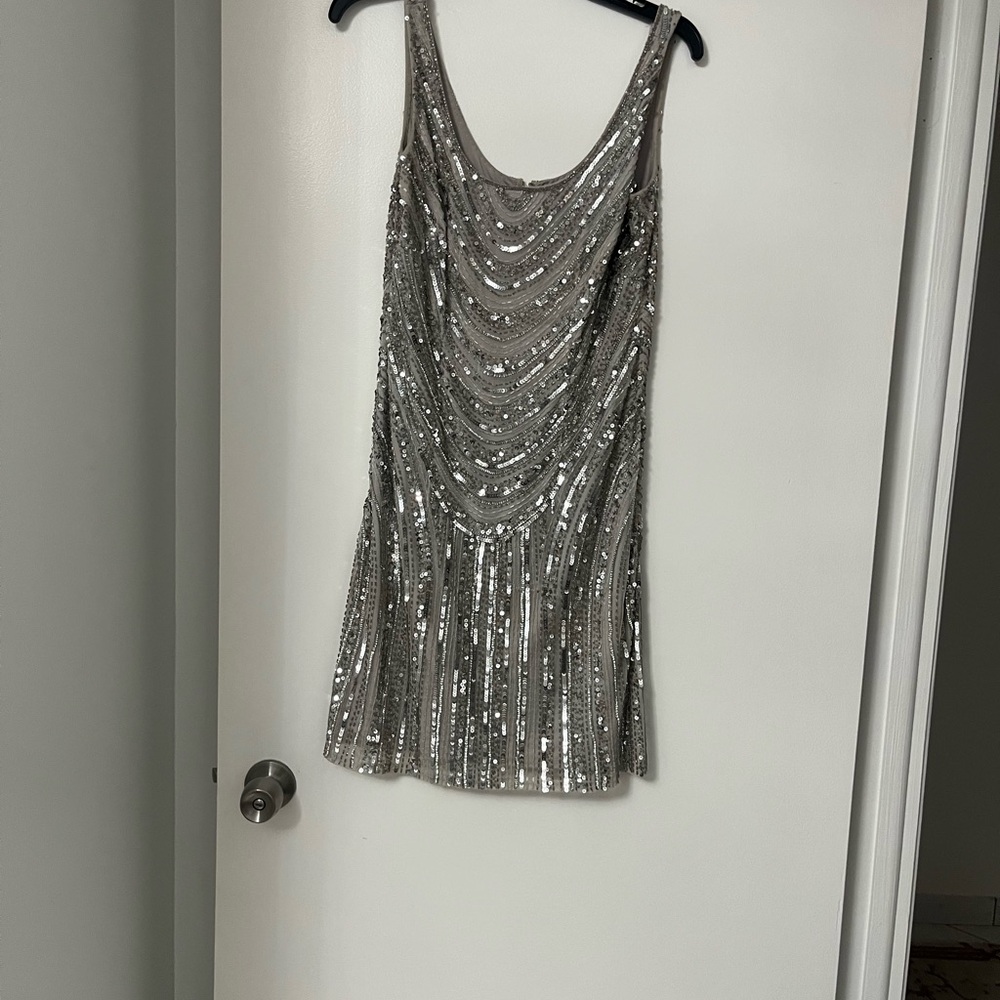 Adrianna Papell Silver Sequin Gown